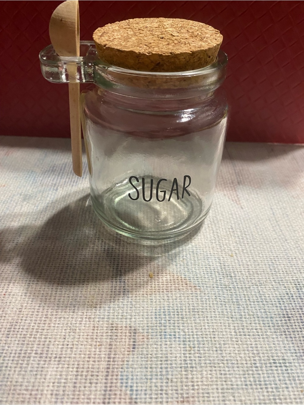 Clear Glass Sugar Jar with Cork Lid and Wooden Spoon